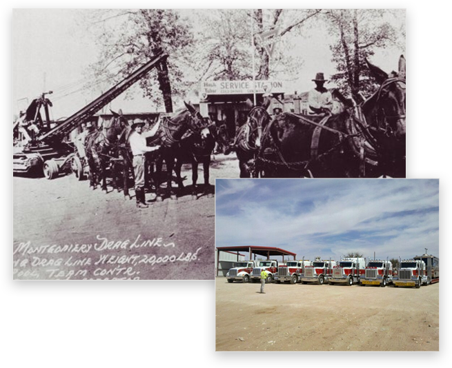 Men on Horseback and Fleet of Flatbed Towing Trucks